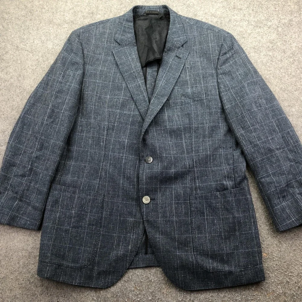 Hugo Boss Blazer Mens 46 Blue Check Tweed Wool Cotton Linen Sport Coat Jacket
